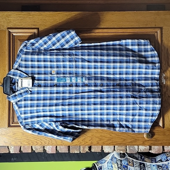 CARHARTT Blue check Short Sleeve Casual Button Down Shirt Sz L Tall - Picture 1 of 3